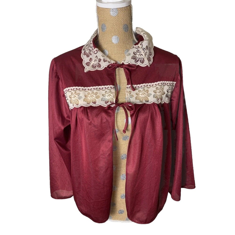 Vtg Sears Womens House Blouse Robe Small Front Tie Lace Retro Cottage Made USA